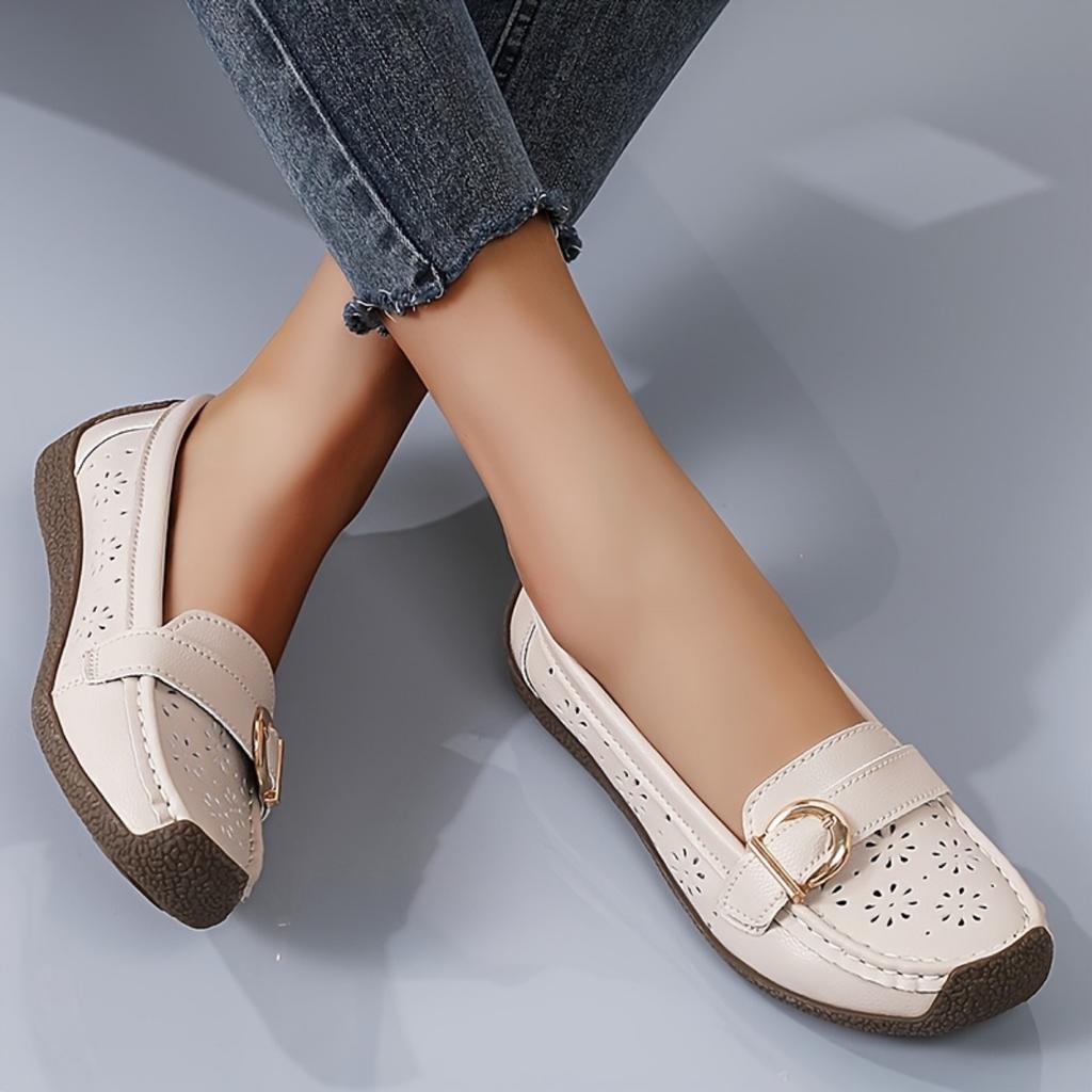 Ladies' Breathable White One Foot Loafers - Gold Buckle, Lightweight Casual Summer Shoes, Comfortable Daily Wear, Fashionable and Durable
