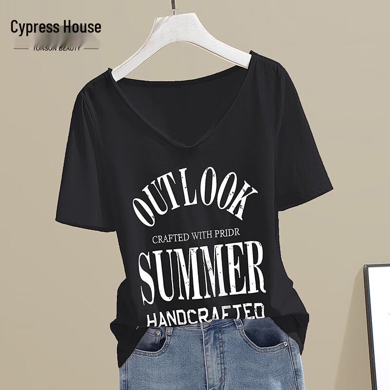 Women s Loose Fit V-Neck Letter Print T-Shirt XXL