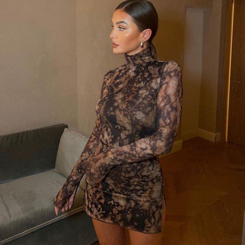 Robe d'automne à manches longues pour femme, col roulé semi-transparent, imprimé, sexy, coupe ajustée, fente, couverture des fesses