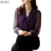 Women Ruffles V-Neck Long Sleeve Casual Chiffon Blouse