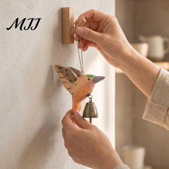 Eco Friendly Hanging Ornament Hand Carved Wooden Bird Wind Chime, Rustic Bell Decor Handmade Hummingbird Chimes with Rope, Wood Pendant for