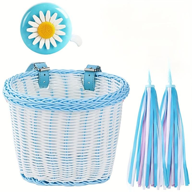 Retro Woven Plastic Bicycle Basket for Kids, Universal Front Handlebar Mount for Children's Bikes, Scooters, and Tricycles