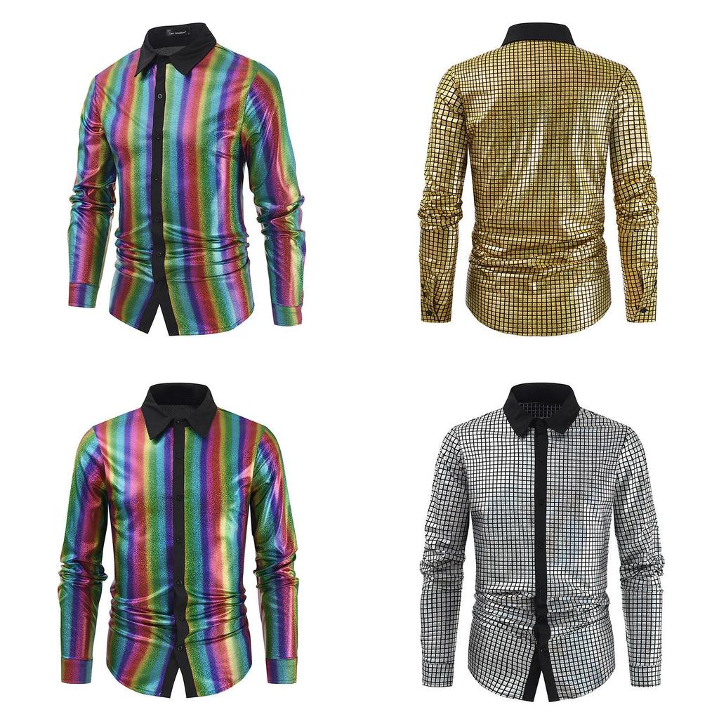 Geometric Silver Mens Dress Shirt With Glitter Buttons For Costume Events