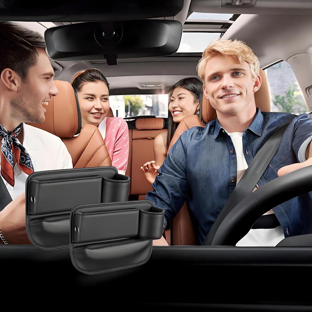 Premium Leather 2 PC Car Seat Gap Filler Organizer, Multifunctional Car Seat Organizer With Cup Holder For Drink,Car Leather Cup Holder Gap Bag Front