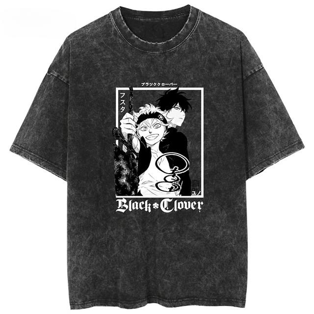 2026 Black Clover Washed Vintage Tshirt Street Hiphop Anime Casual Cotton Summer Short Sleeve