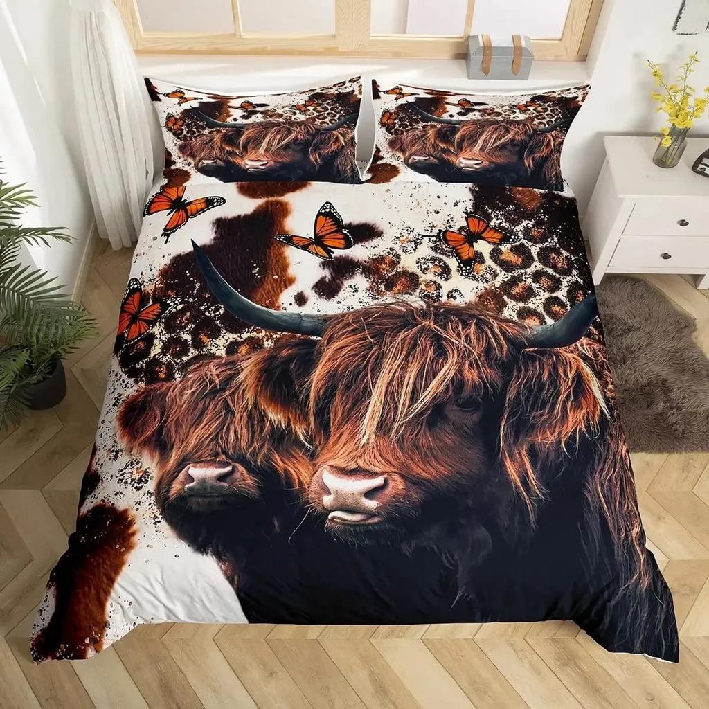 Highland Cattle Floral Cow Yellow Sunflower Animal Bedding Set Boys Girls Twin Queen Duvet Cover Pillowcase Bed Kids Adult