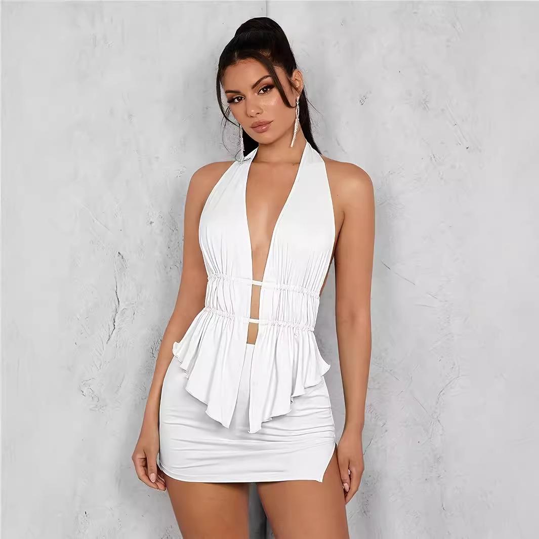 

Комплект из двух частей: укороченный топ с рюшами на завязках халтер и юбка - Европейский/Американский повседневный стиль Large арбуз красный