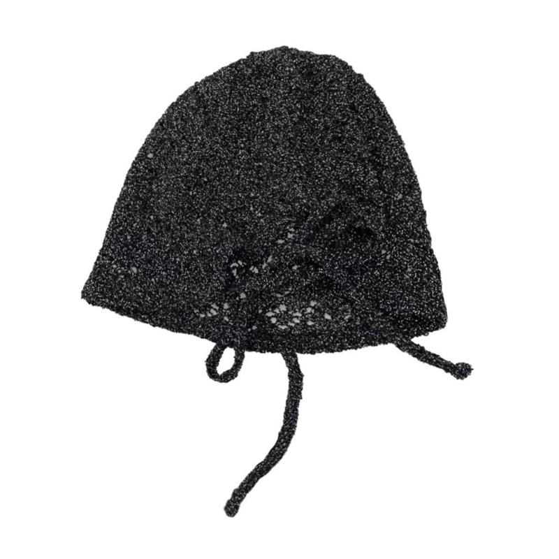 Шапка-бини с цветком Харадзюку для женщин, универсальная дорожная шапка, вязаная крючком шапка-пуловер, шапка-бини, дышащая ажурная шапка-тюрбан чёрный