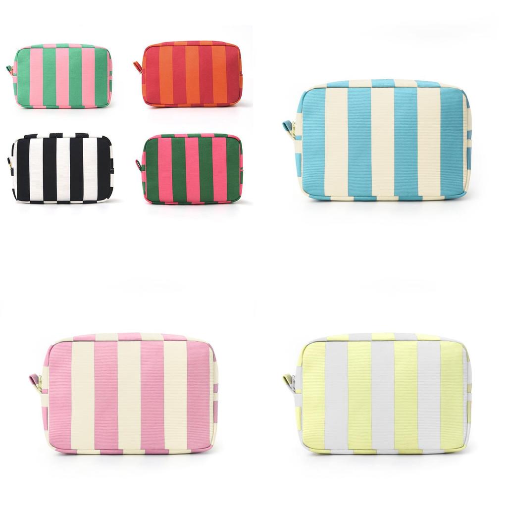 Polyester Striped Makeup Bag With Large Capacity For Travel And Storage