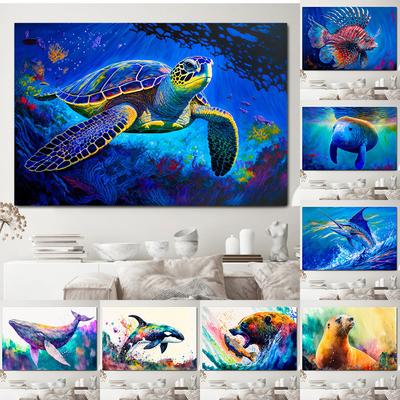 Błękitny żółw morski obraz na płótnie wieloryb Wall Art Sealife niedźwiedź grizzly łapanie ryby plakaty drukuje do dekoracji pokoju dziecięcego