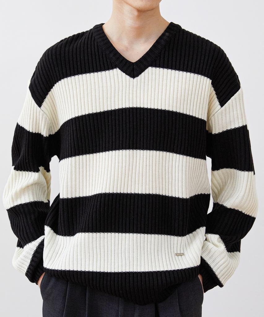 TRIP LE SENS Washable Basic V-Neck Knit_Stripe Green