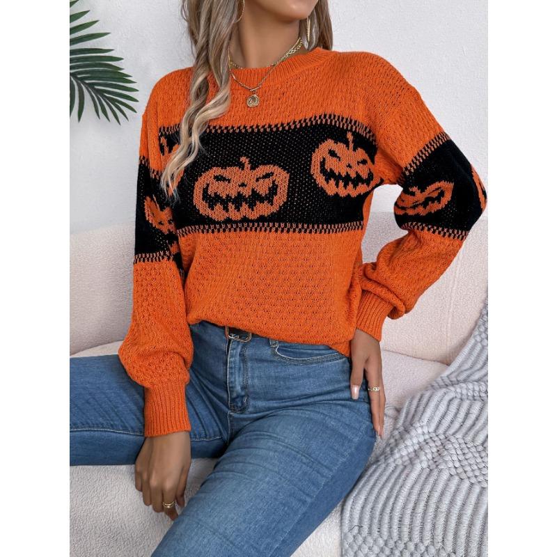 Autumn and Winter Women's Halloween Theme Pumpkin Head Clashing Colours Knitted Long Sleeve Pullover Sweater