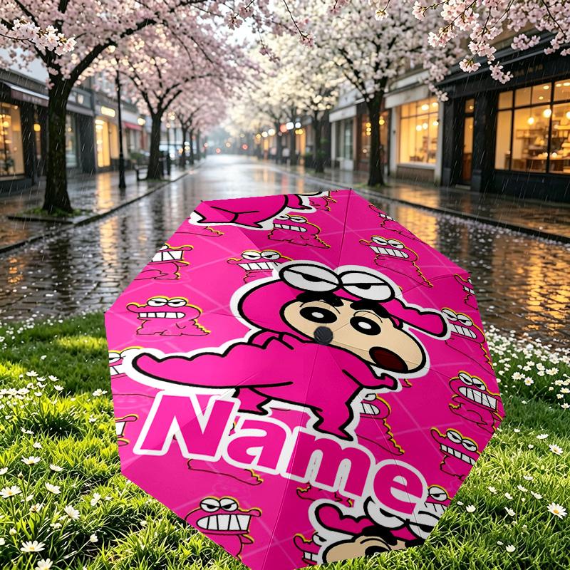 Custom Name Personalized Crayon Shin Print Umbrella, Auto Open Close, 8‑Rib Sturdy Frame, Commute Camping Hiking Use, Birthday Gift