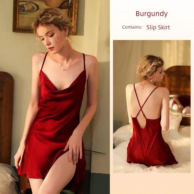 

New Sexy Ice Silk Strap Night Dress-Pure Desire Backless Slit Skirt-Hot and Exciting Swing Collar Sexy Sleepwear Burgundy L
