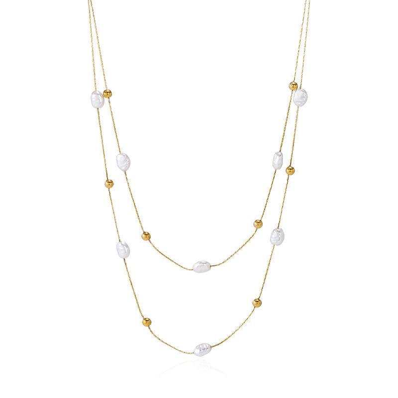 French Imitation Baroque Pearl Necklace Gentle Daily Small Gold Beads Stainless Steel Snake Bone Chain Stacked Wear Ladies Jewelry