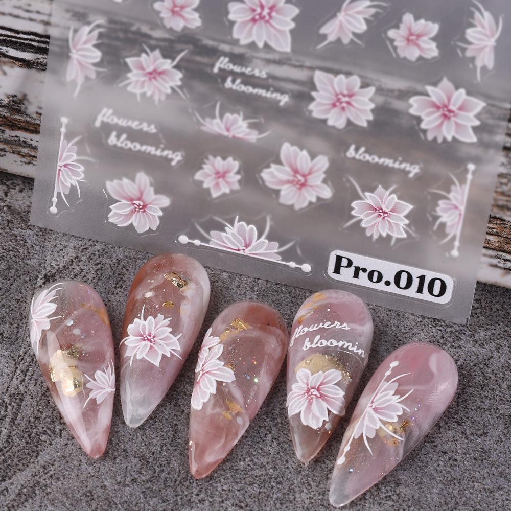 5D Embossed Nail Stickers Pink Peony Lily Rose Flowers Design Self-Adhesive Nail Transfer Sliders Decals DIY Manicure Decals