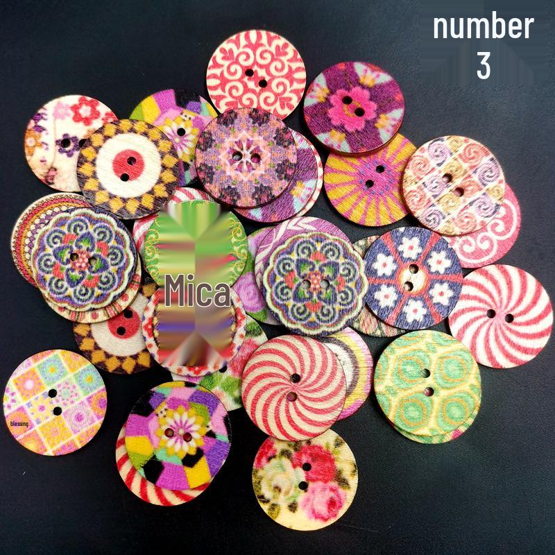 Retro Wooden Buttons for DIY & Toddler Crafts, Double Hole, 100 Pack, Colorful Print
