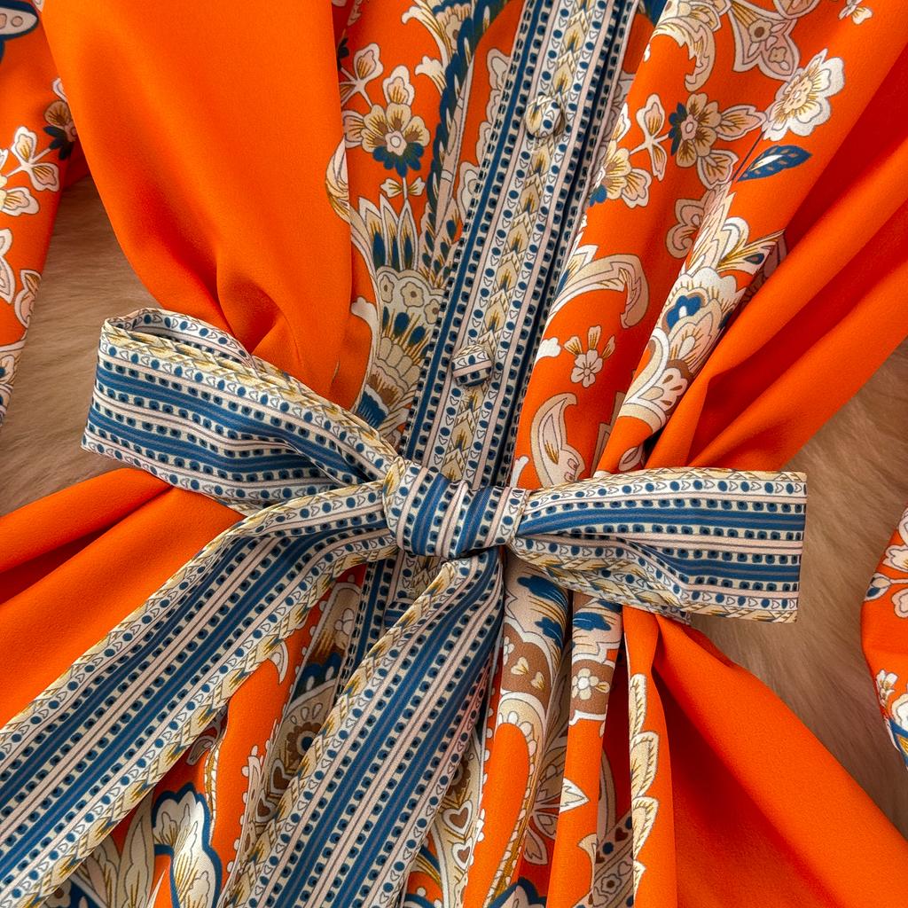 Vintage Langes Kleid für Damen, Frühling, Herbst, Blumendruck, Robe, Stehkragen, elegant, einreihig, Schnürgürtel, plissiertes Maxikleid