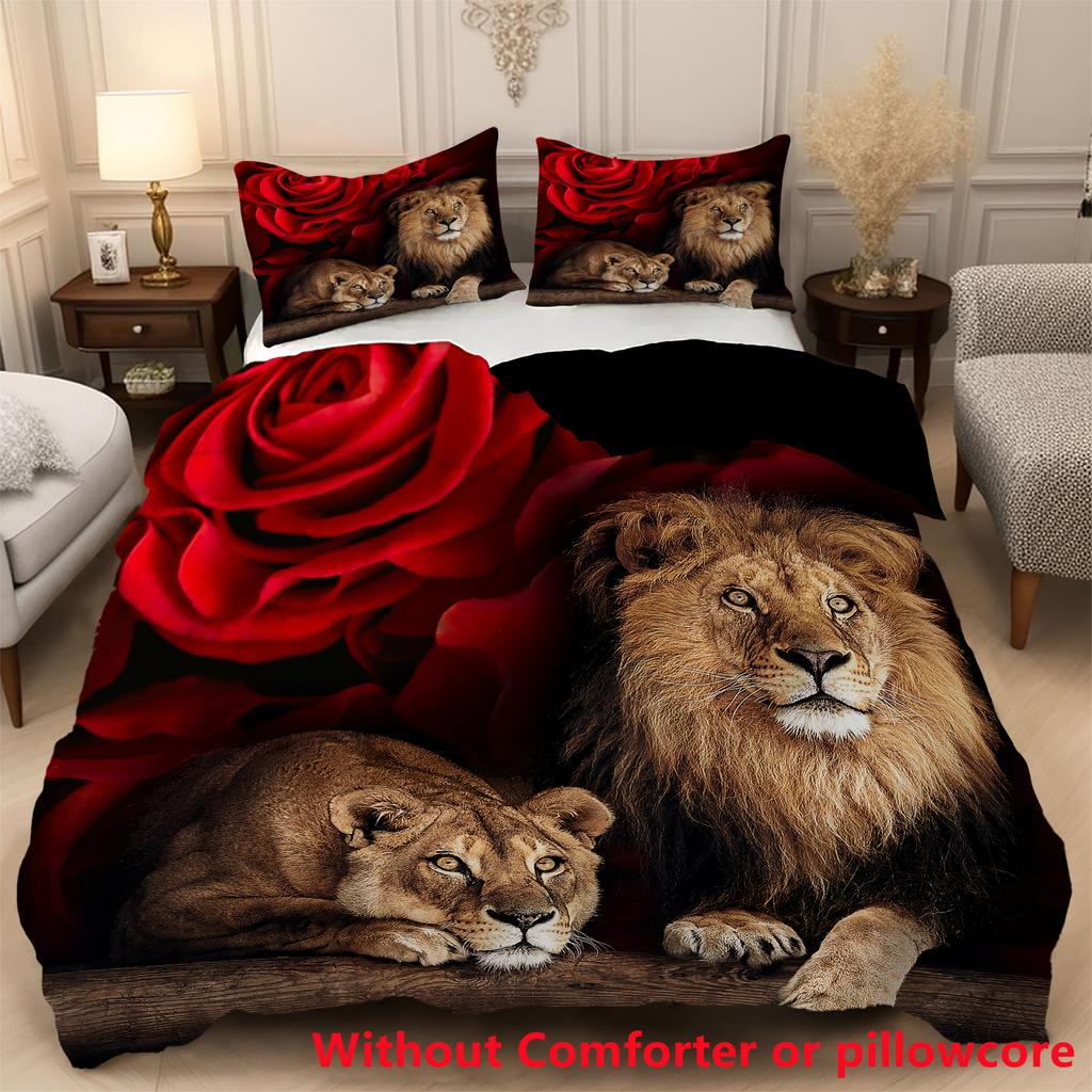 Red Rose Lions 3D Printed Quilt cover set pillowcase Lovely Wild Animals Bedding Set for Kids Teens Adults Wildlife Duvet cover