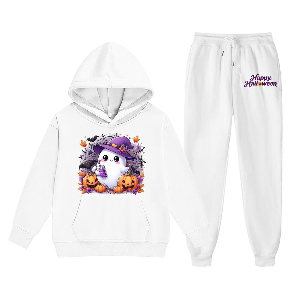 Kids Halloween Hoodie and Sweatpants Set Cute Ghost Print Pullover Hooded Sweatshirt and Matching Bottoms for Children Soft Comfortable Outfit