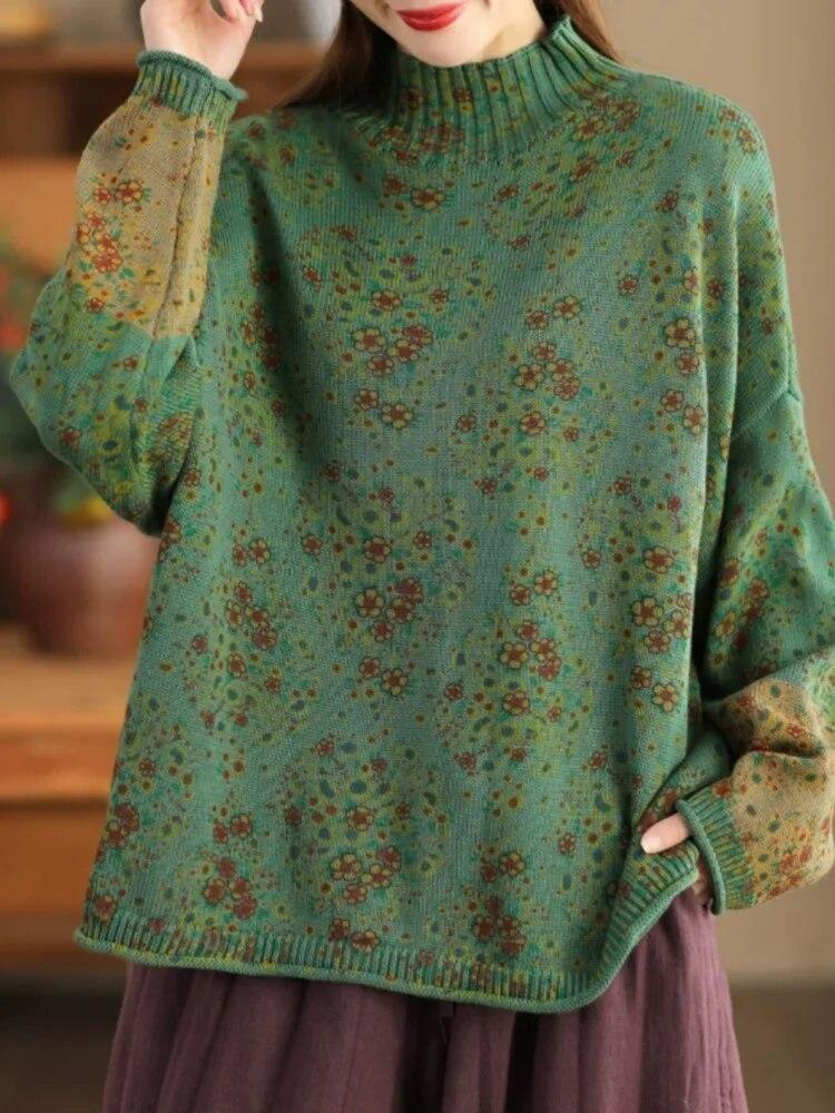 

Женский пуловер с цветочным лоскутным принтом, с воротником-стойкой, с длинным рукавом, весенний вязаный хлопковый топ Johnature Fashion One Size зелёный