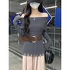 Kumikumi Design Sense Solid Temperament off-Shoulder Long sleeve Knit Women Autumn Waist Hugging Slimming Versatile Top