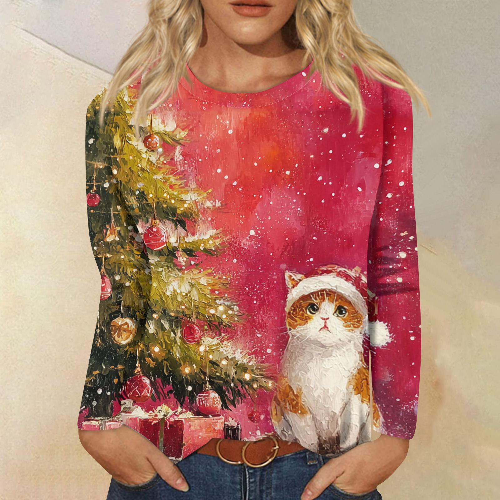 

Женское свободное удобное повседневное модное худи с круглым вырезом и рождественским принтом, с длинными рукавами XL киноварь