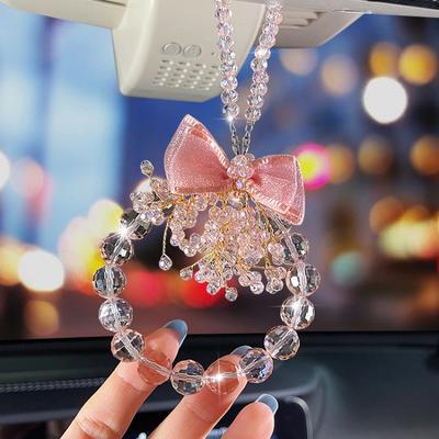 Bling Car Rearview Mirror Hanging Pearl Bow Ornaments Auto Creative Decoration Gifts Pearl Car Decoration Interior Accessories