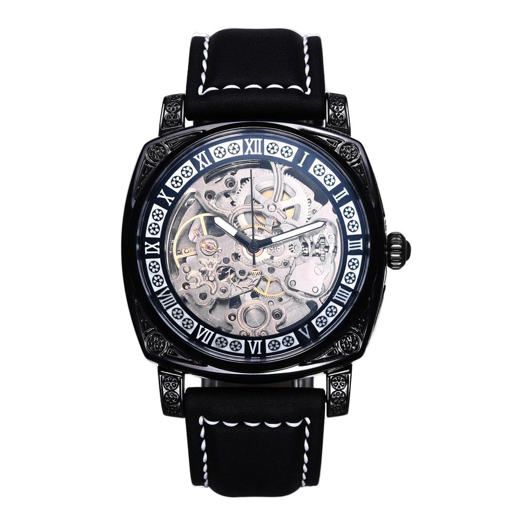 Automatic Skeleton Watch with Genuine Leather Roman Analog 3ATM Water Stylish Accessory for Leisure and Business Perfect Gift for and Day Men's Strap