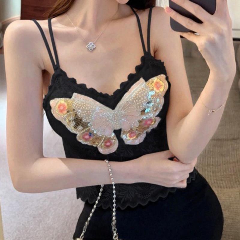 Summer Women Sweet Sequined Butterfly Embroidery Lace Spaghetti Strap Sleeveless Vest Tops for Girls