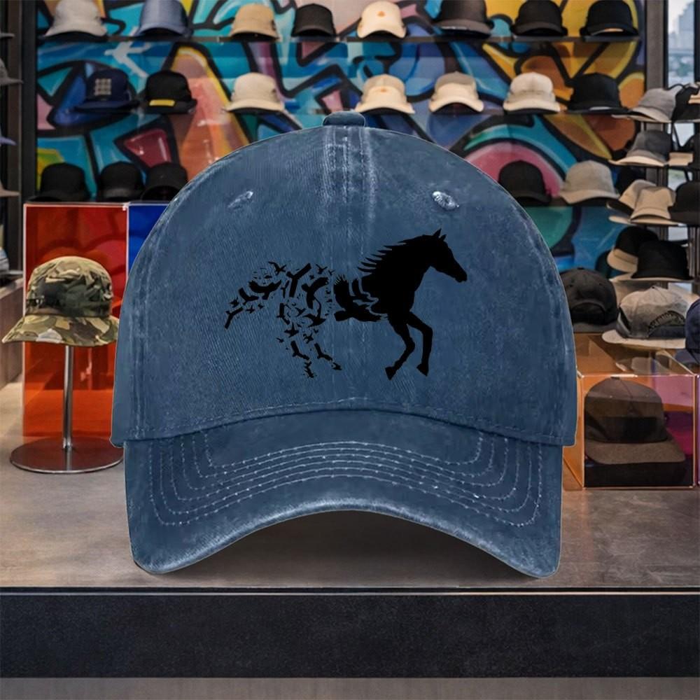 Flying Bird Horse Graphic Washed Cotton Baseball Cap Adjustable Vintage Casual Unisex Outdoor Hat