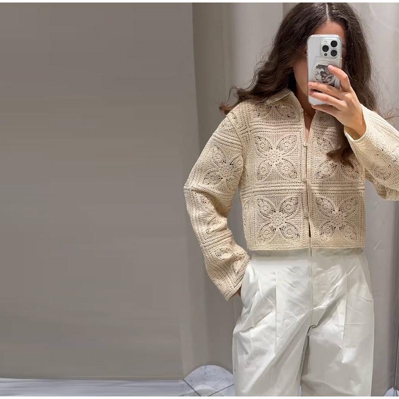 Gestrickte Lochmuster 2-teilige Sets Damen Outfit Elegant Gehäkelt Einreihig Revers Oberteil High Waist Shorts Sommer Damenanzug Pendeln