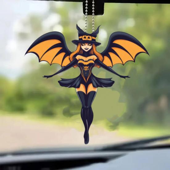Halloween Car Rearview Mirror Charm Cartoon Bat/Cat/Ghost/Witch Acrylic Pendant 2D Flat Auto Interior Accessories for Cat Backpack Phone