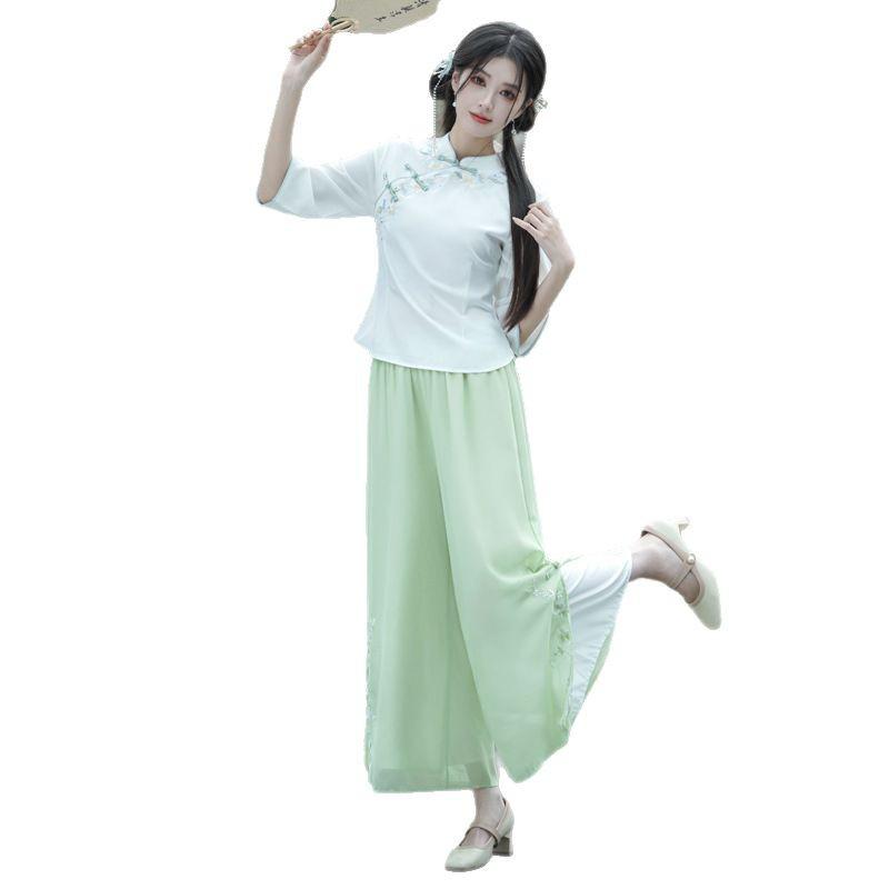 Damen Frühling/Sommer Chinesischer Retro Bestickter Tang-Anzug mit Stehkragen & Froschknöpfen, Weitbeinige Hose, Zen Tee-Set Stil.