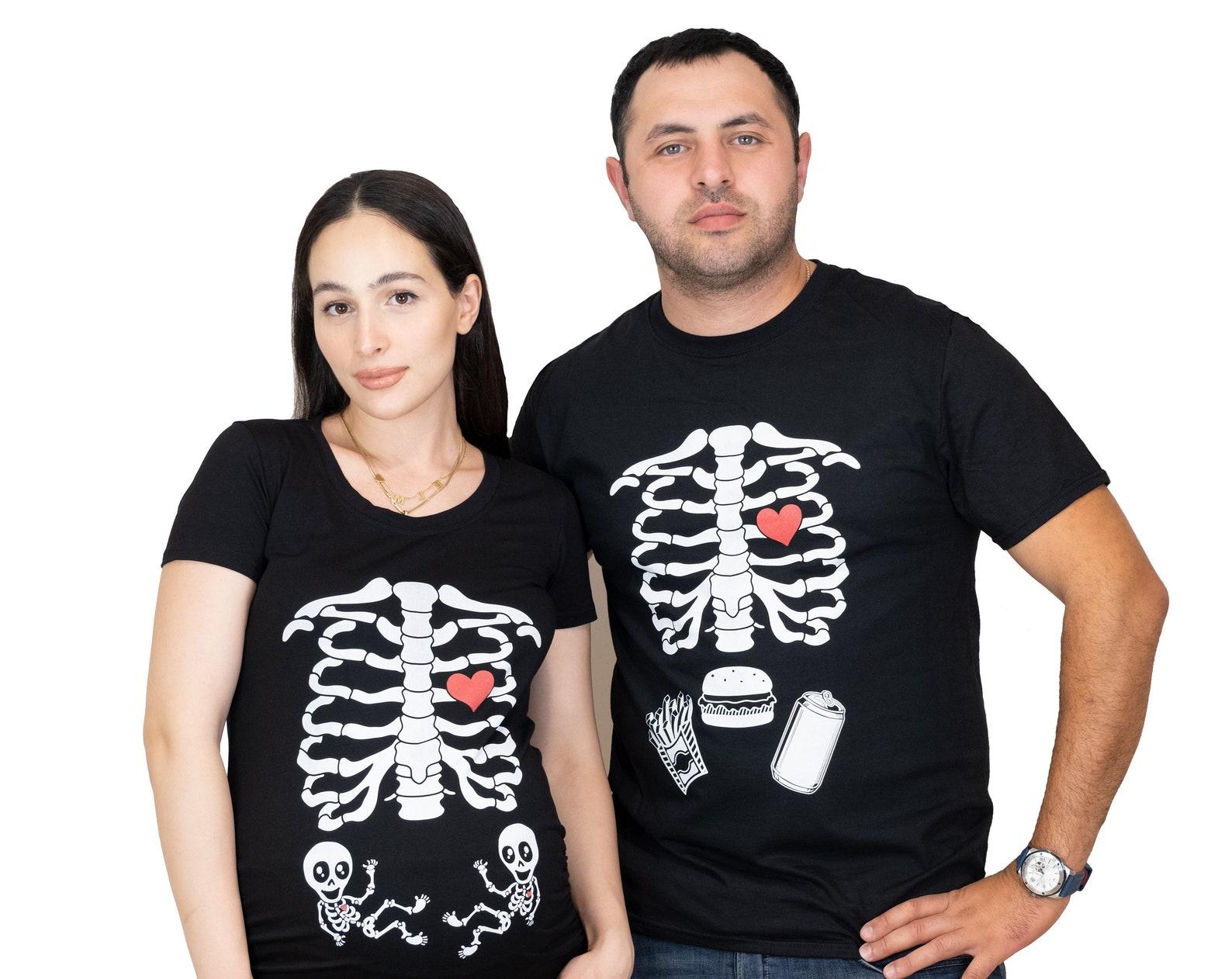 Halloween Skeleton Twins Maternity Costume Couple Matching Mens Skeleton Burger Fries T-shirt Xray Baby Dad mom Pregnancy Costume Part Tees 3XL