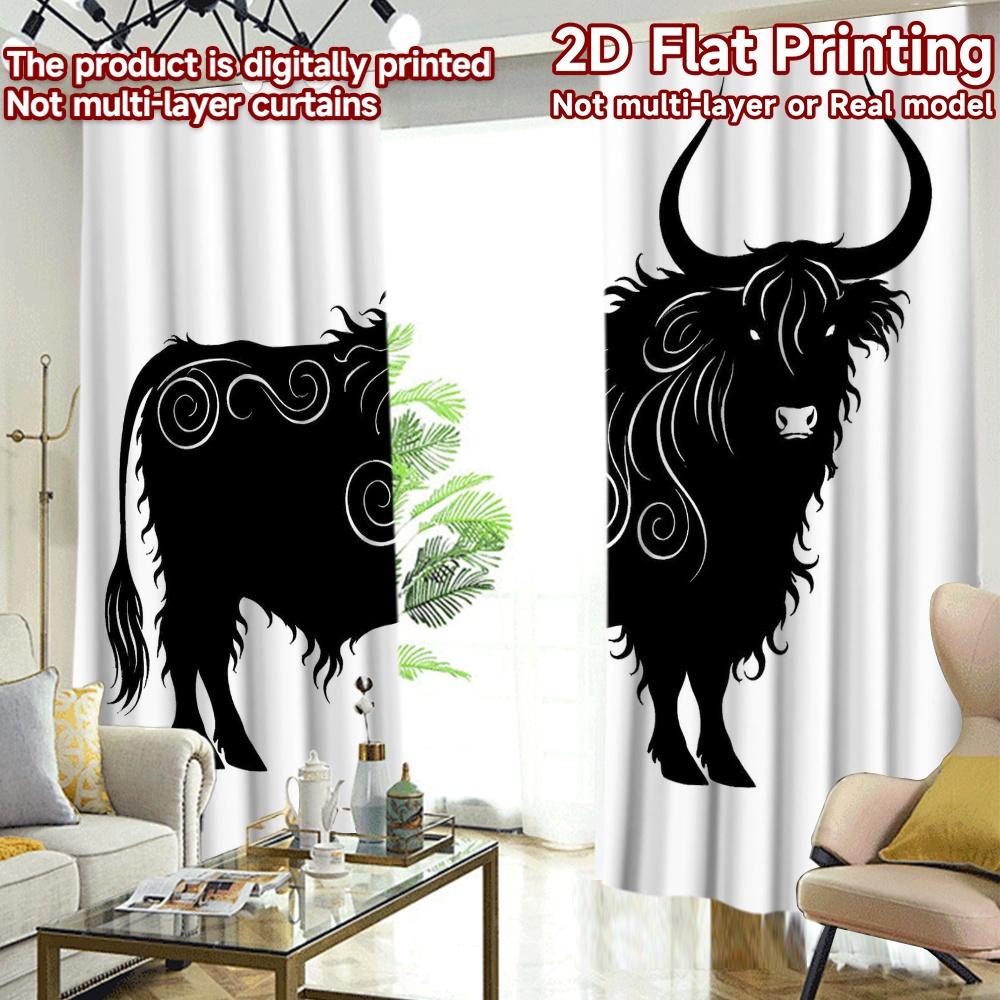 2D FLAT PRINTING 2pcs Curtains (Without Rod) Swirling Bull Silhouette Modern Curtain Modern Machine Washable Fabric Curtains