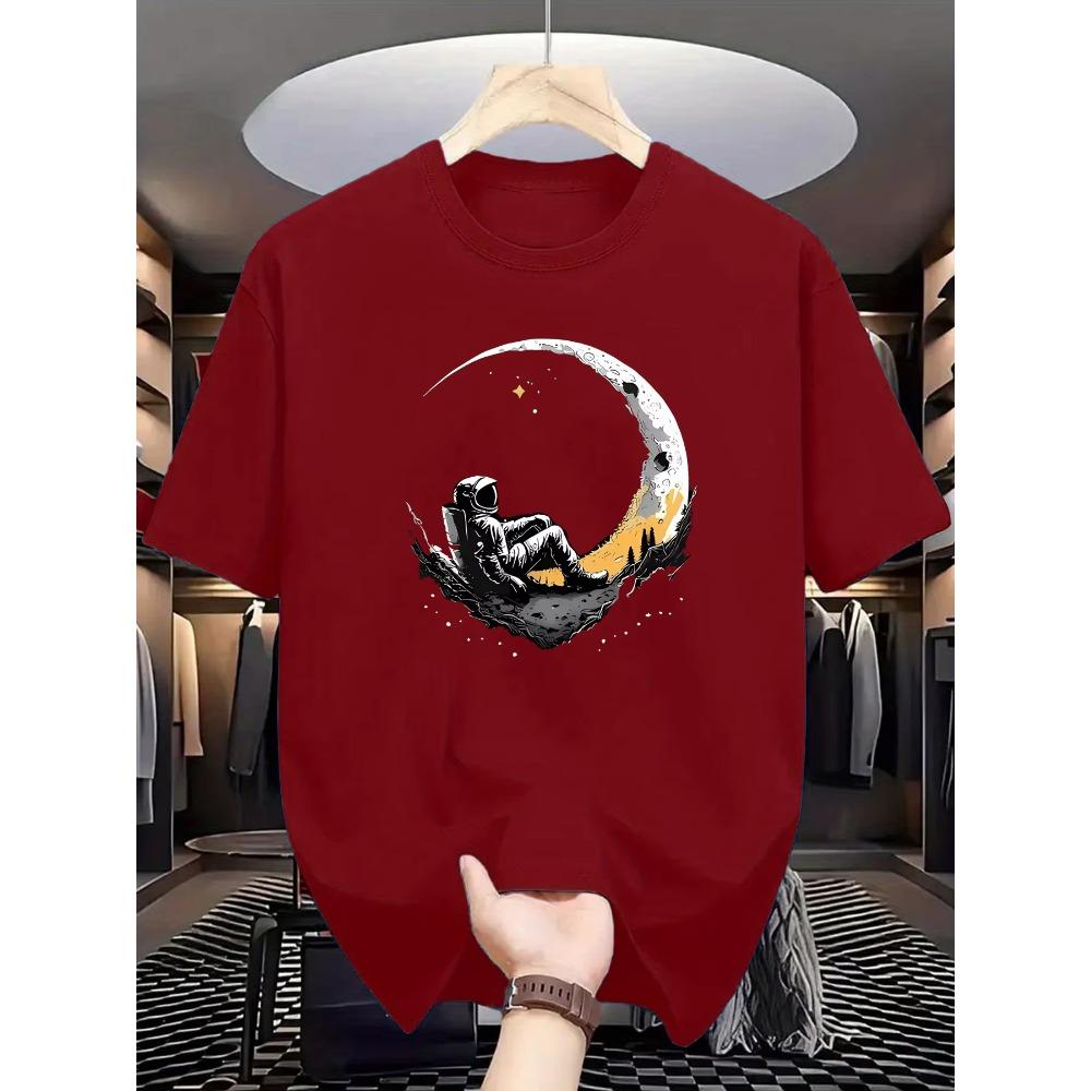 Summer Men's 100% Pure  Casual Loose Fit Astronaut Login Moon Pattern Printed Comfortable Round Neck Short Sleeved T-shirt