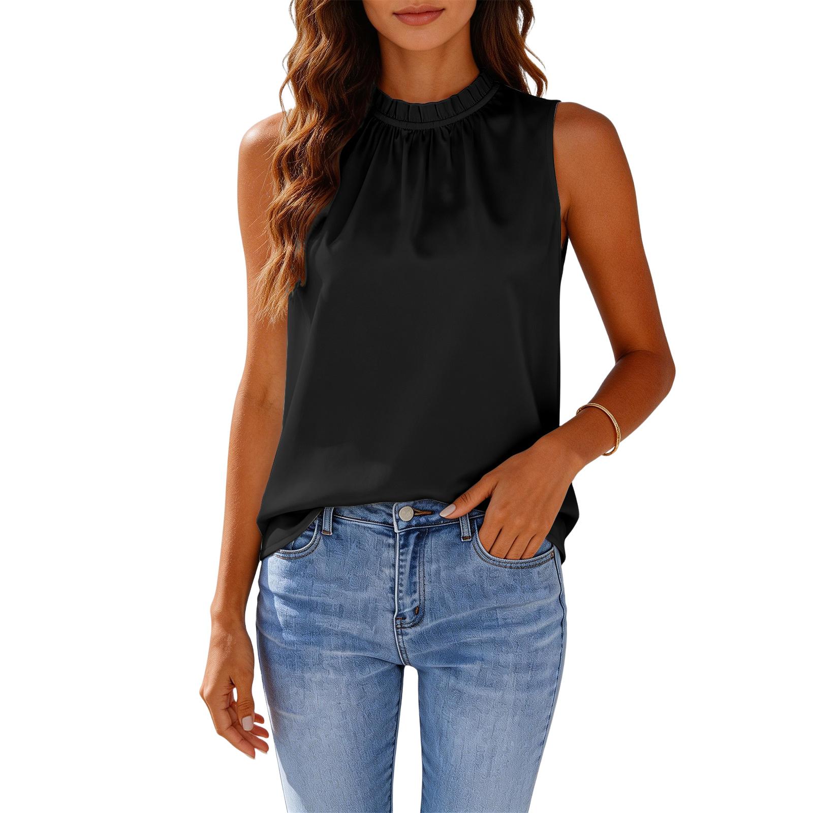 Women s Satin Fashion Casual Ruffled Neck Sleeveless Vest Top S чёрный