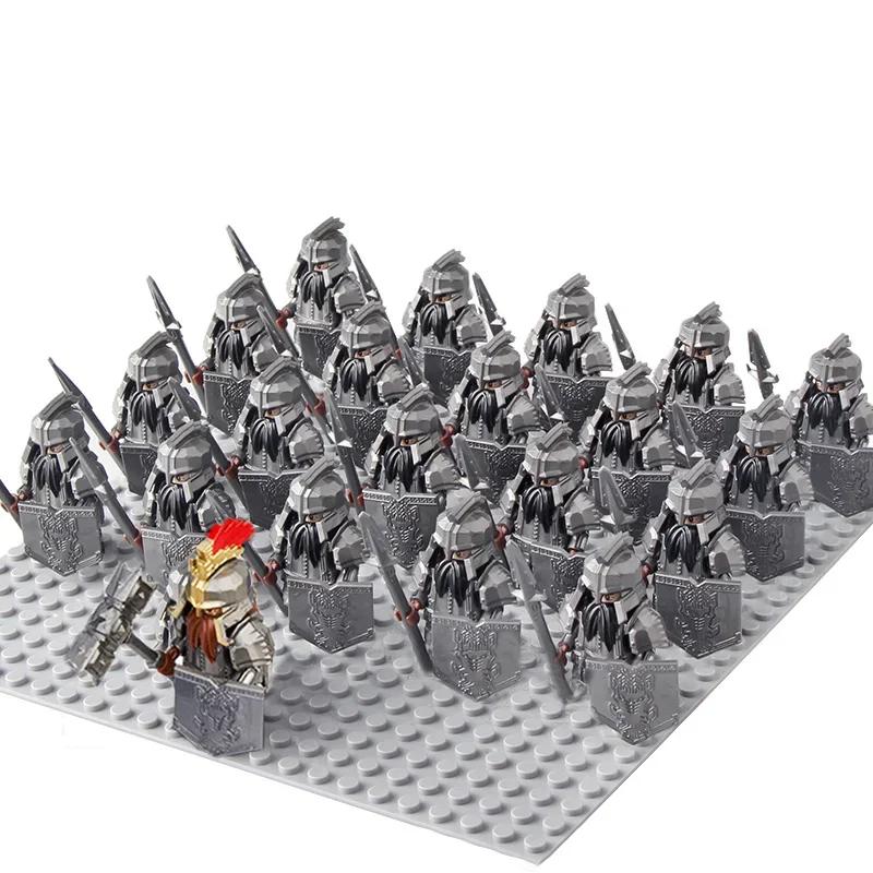 21Pcs/lot Dane Iron Feet Eomer Rohan Warriorr Vs Uruk Hai Army Figrues With Shield Sword Bow Spear Building Blocks Toys for Kids