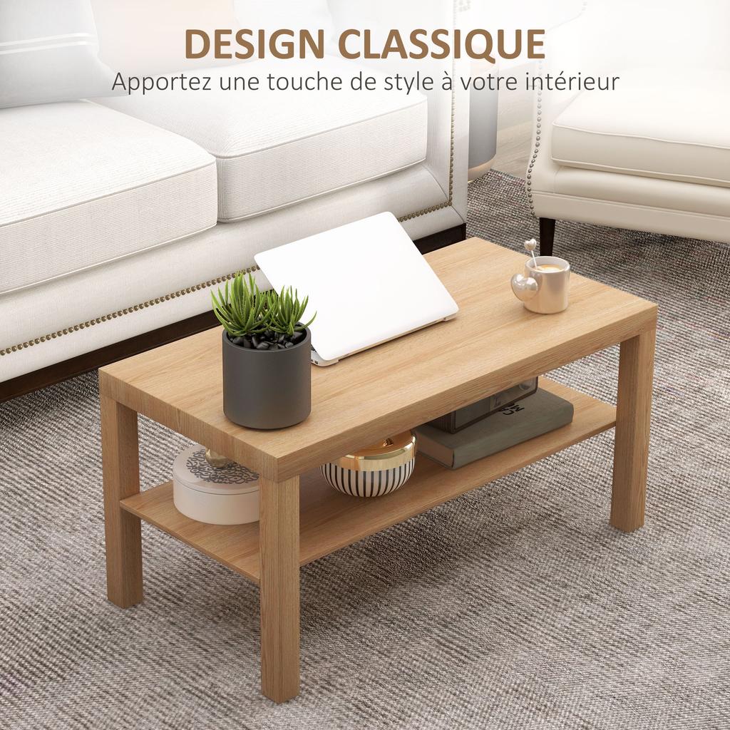 Vardagsrumsbord, Rektangulärt sidobord i 2 nivåer med förvaringshylla, 90x45x44,5 cm, Naturträ