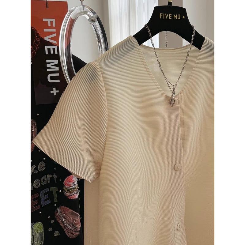 Gefaltetes kurzärmeliges Hemd für Damen Sommer Locker Temperament Chiffon T-Shirts Ausländischer Stil Oberteil