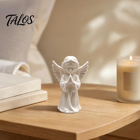 Talos 3D Printed Praying Angel Statue, Elegant Matte White Cherub Figurine with Detailed Wings, Durable Minimalist Ornament for Living Room Decor and
