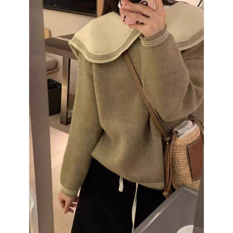 

Свитер с кукольным воротником контрастного цвета женский весенне-осенний маленький ленивый ветер свободный мягкий восковой сладкий утолщенный вязаный топ one size fits all хаки