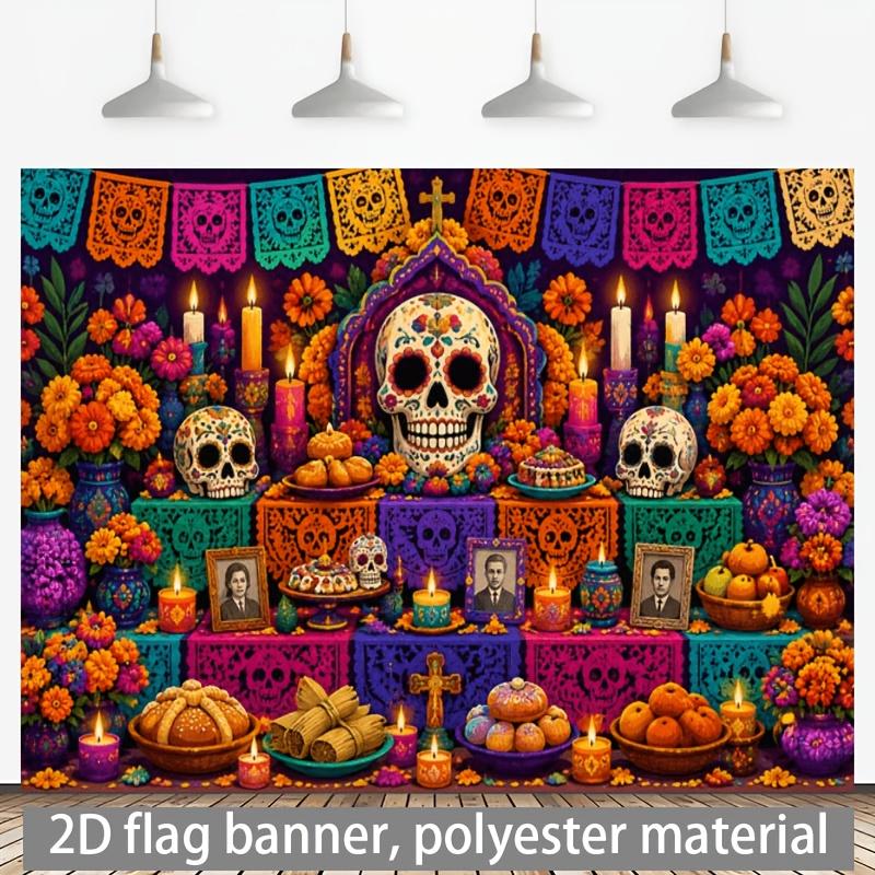 2D Flat Banner Background Fabric for the Halloween Theme, Featuring Painted Sugar Skulls,zyc