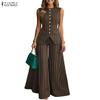 Women Sleeveless Vest Tops and Wide Leg Pants Stripe Print Two Piece Suit Sets