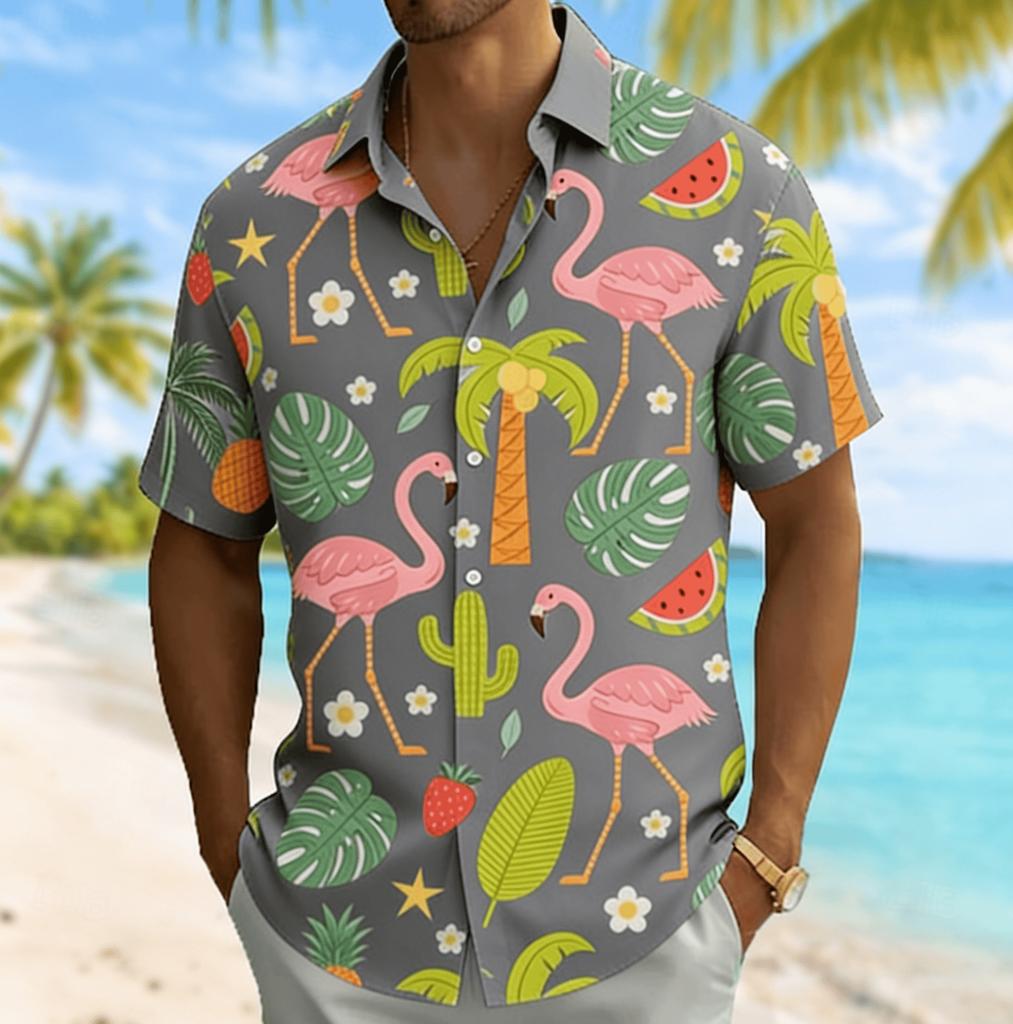 Men's Flamingo & Fruit Plant Print Short Sleeve Shirt, Spring Summer Fun Vacation Turn-Down Collar Blouse, Loose Casual Top