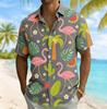 Men's Flamingo & Fruit Plant Print Short Sleeve Shirt, Spring Summer Fun Vacation Turn-Down Collar Blouse, Loose Casual Top