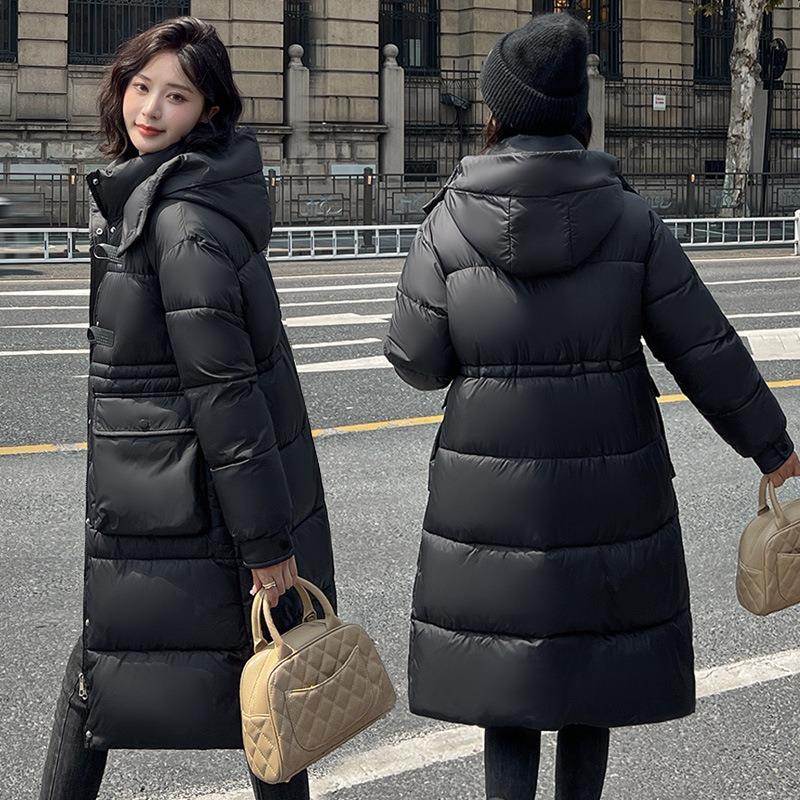 Large size hooded waist cotton-padded clothes for women's medium and long slim-fit warm down cotton clothes horn buckle jacket