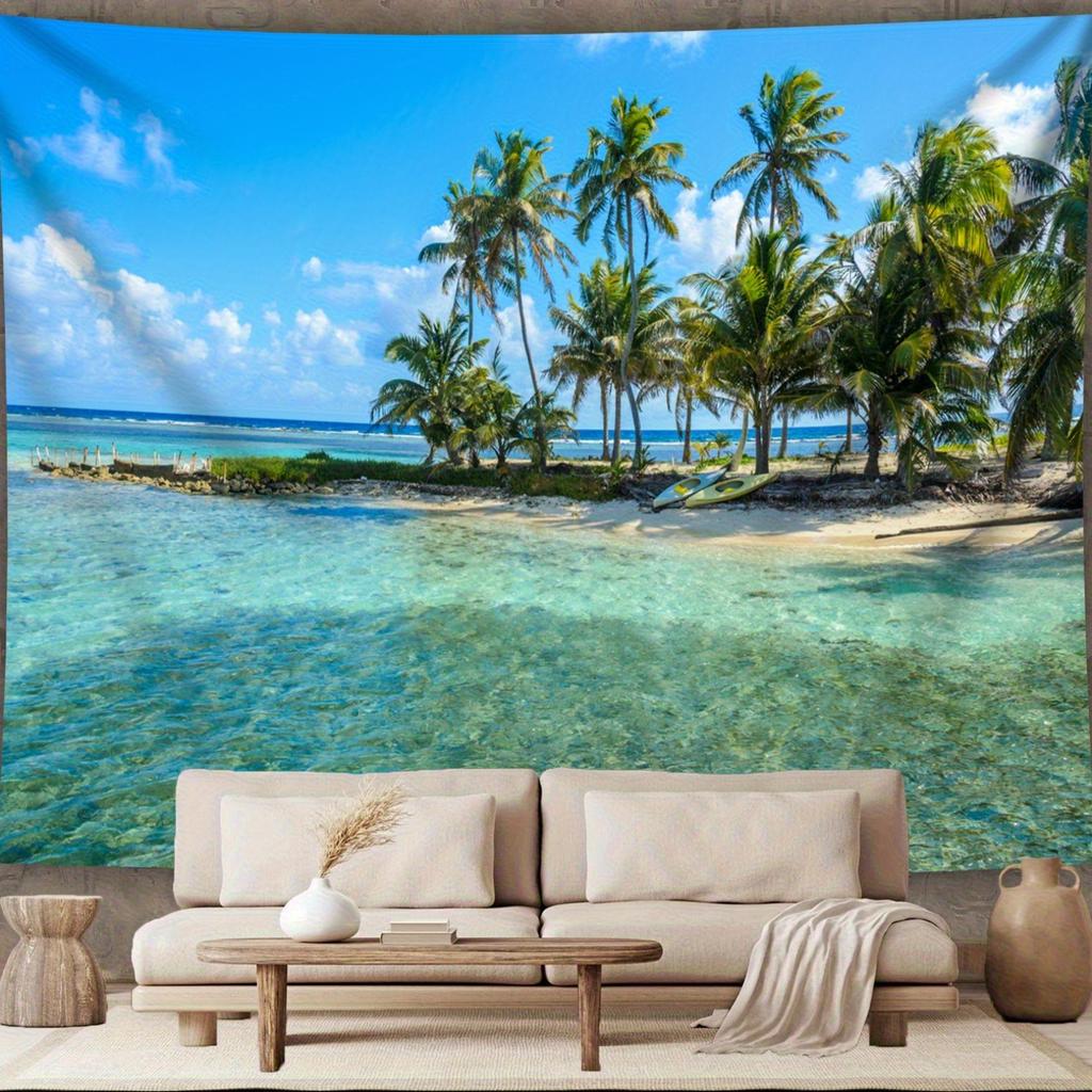 [Tropical Tapestry] 1pc Extra Large Tropical Island Coconut Tree Landscape Photo Digital Print Tapestry | Polyester Aesthetic