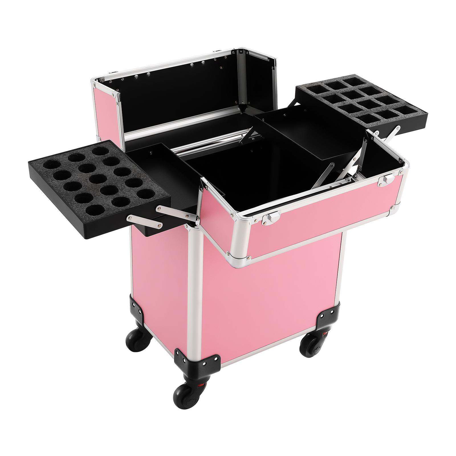 

Rolling Makeup Train Case Large Storage Cosmetic Trolley with Key Swivel Wheels Salon Barber Case Traveling Cart Trunk рожевий